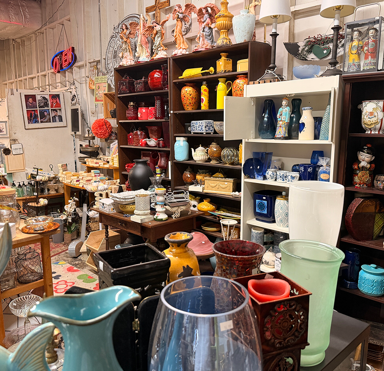 Vintage shop with assorted ceramics and decor.