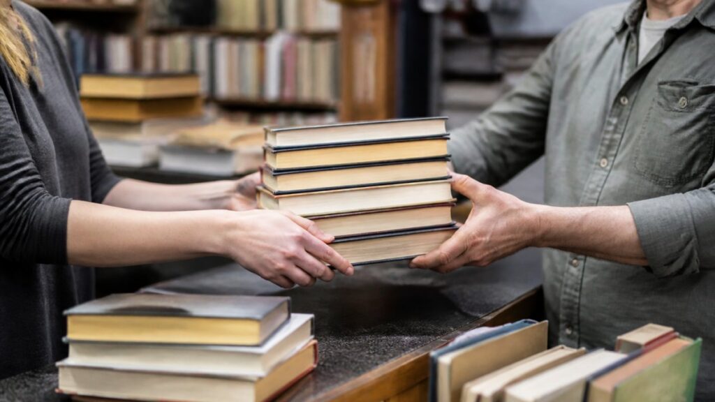 Two people exchanging a stack of books.