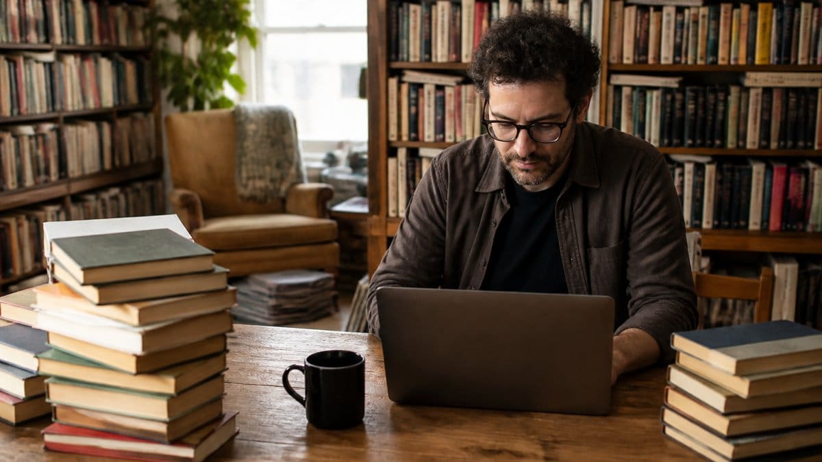 A person browsing a laptop on a wooden desk surrounded by stacks of used books, with a cozy reading nook visible in the background