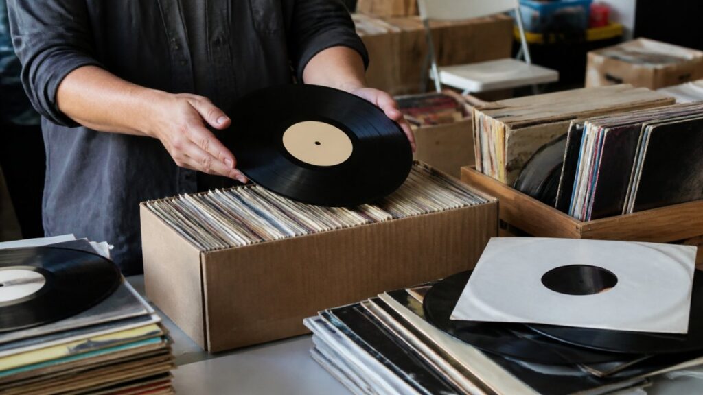 Person sorting through vintage vinyl records.