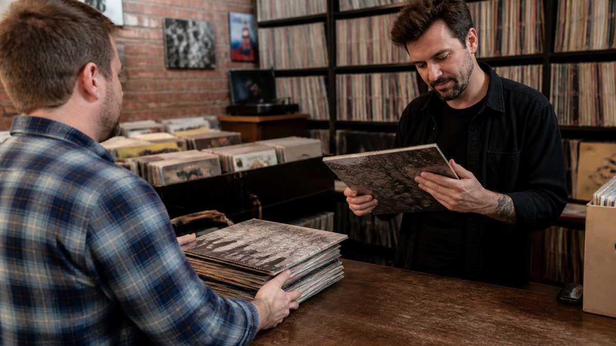 Customer handing a stack of vinyl records to a store employee to sell vinyl records at a local shop.