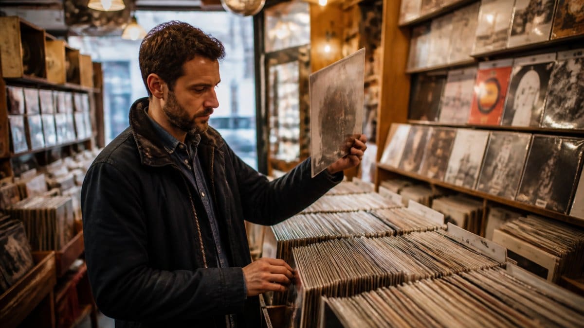 A collector flipping through crowded record bins in a warmly lit independent record store, holding a vintage LP sleeve up to the light to inspect its condition
