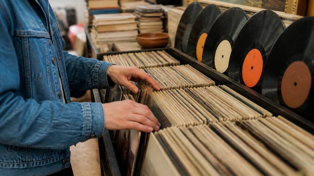 Person browsing through a collection of vinyl records.