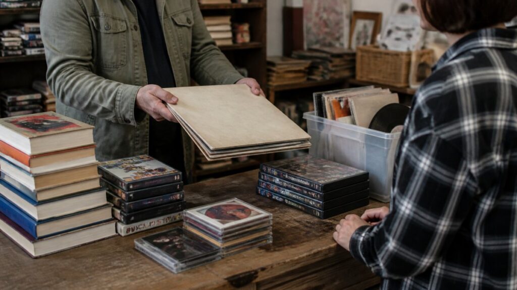 Person browsing through vintage media collection.