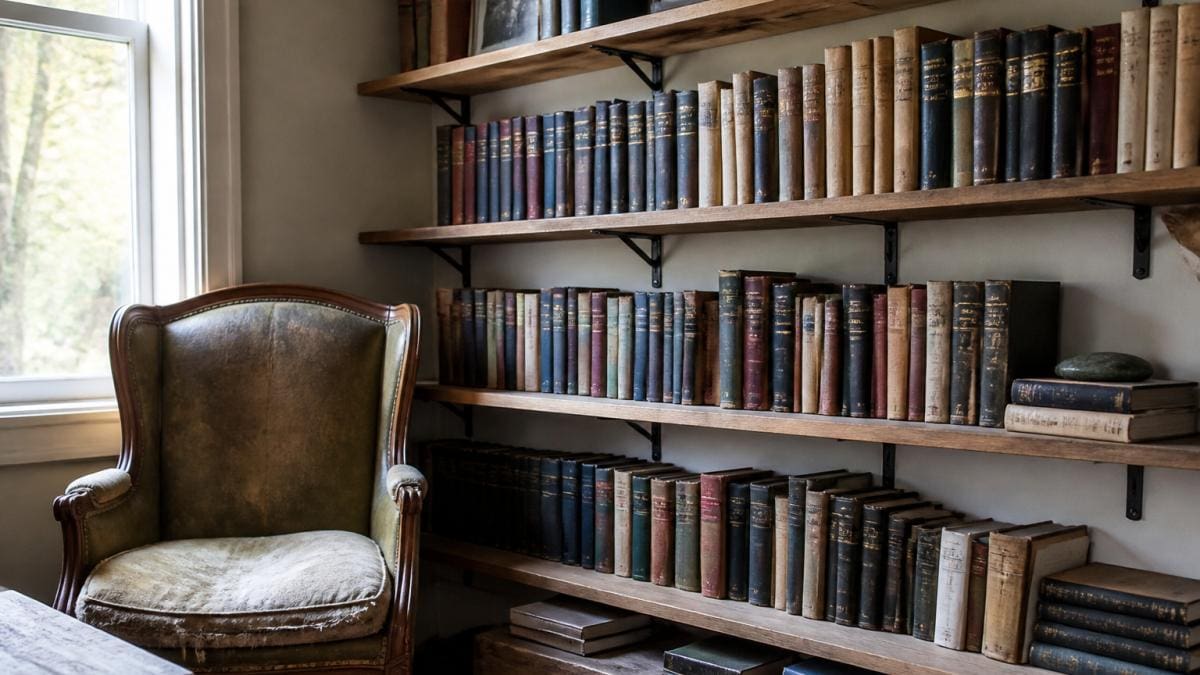 A cozy reading corner with wooden plank shelves supported by black metal brackets, filled with secondhand hardcovers, a worn vintage armchair beside them and soft afternoon light through a nearby window