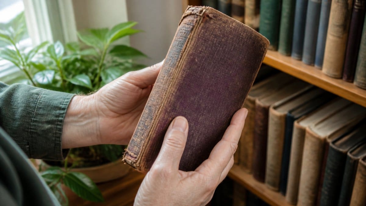 Hands carefully examining a vintage cloth book cover under natural light, inspecting worn spine, faded lettering, and aged fabric texture in a home library setting