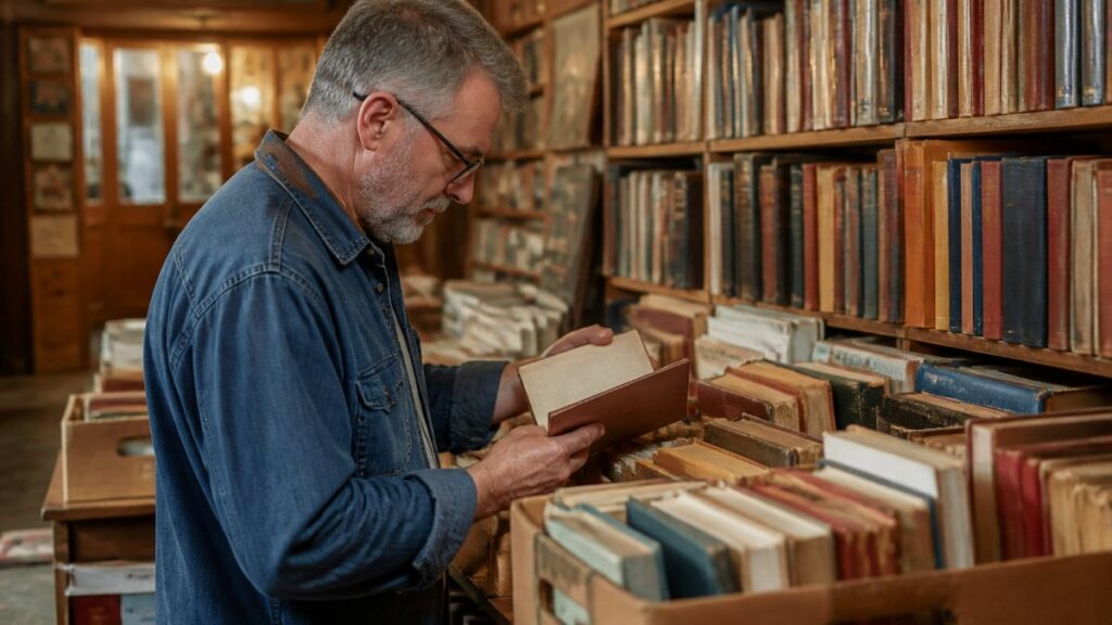 Man reading a book in a vintage bookstore.