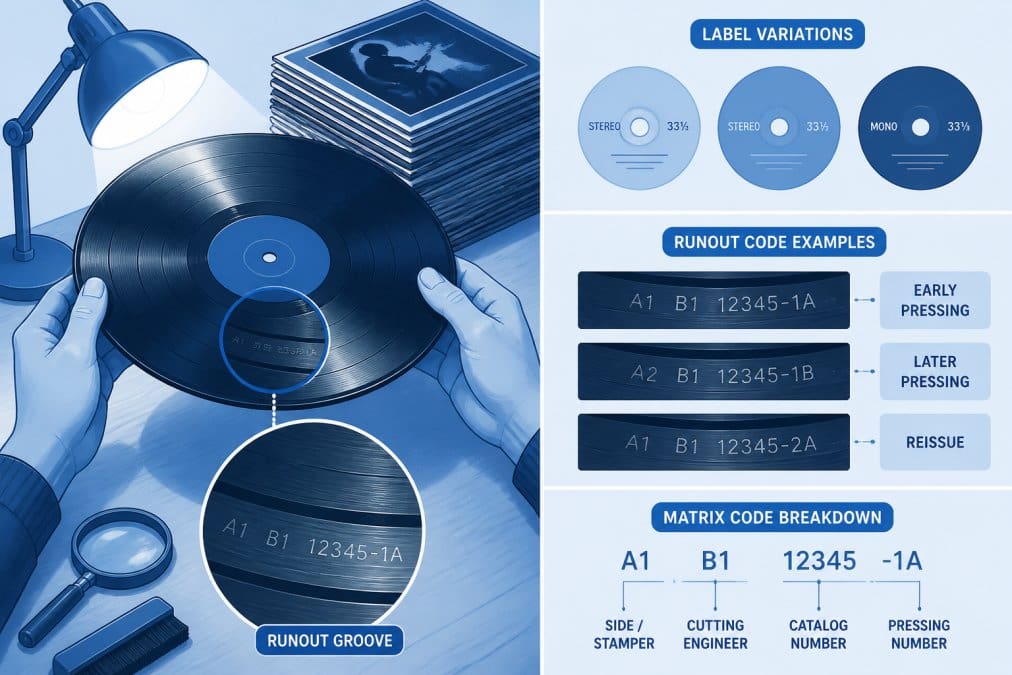 Diagram showing how to identify rare music albums by inspecting vinyl runout groove matrix codes