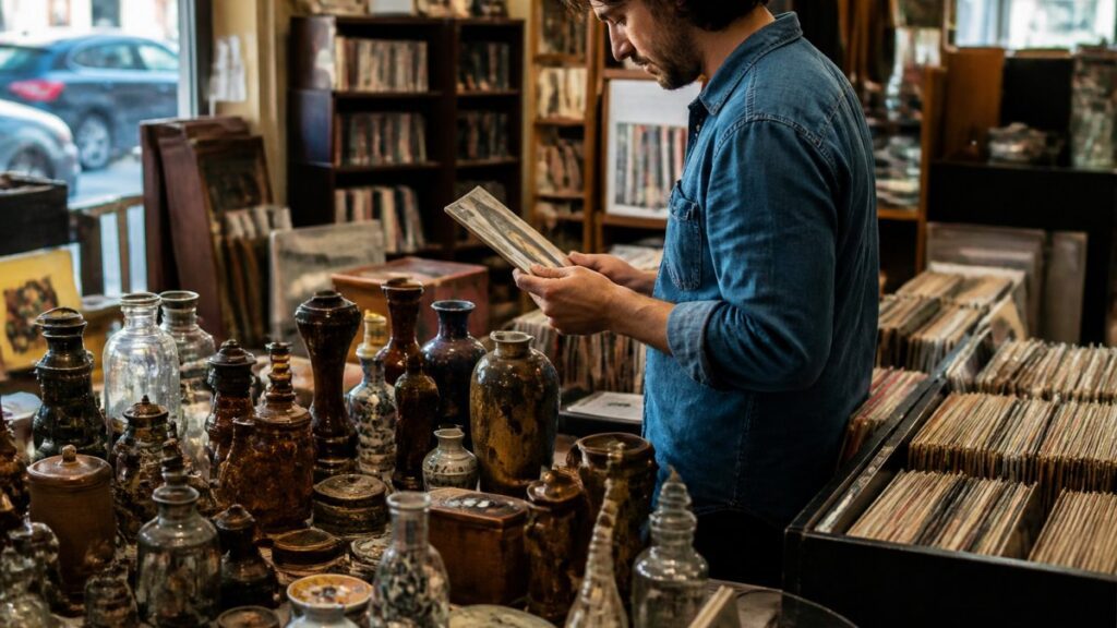 Person examining vintage items in a shop.