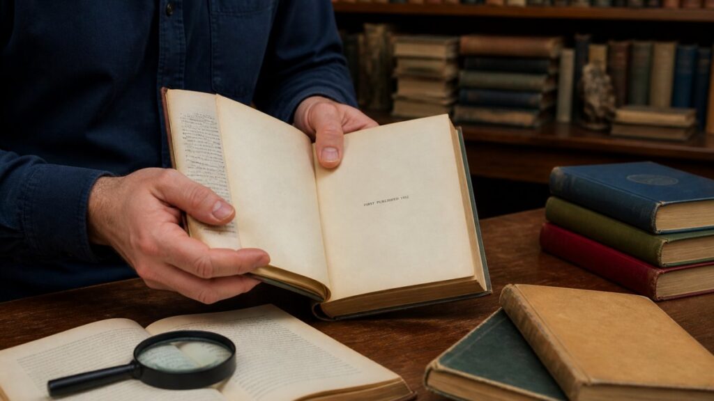 Person examining an old book with a magnifier.
