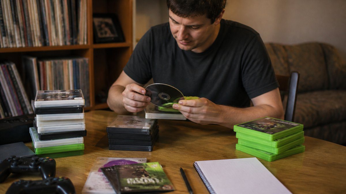 A person sitting at a table sorting through a stack of old video game cases, checking discs and manuals, with a notepad and pen nearby in a cozy room