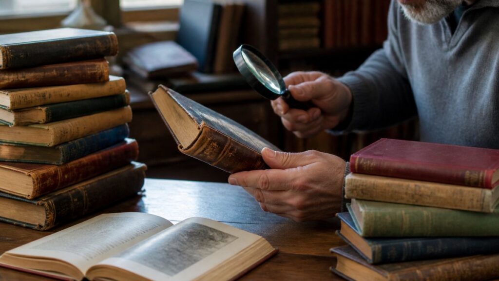Person examining an old book with magnifying glass.