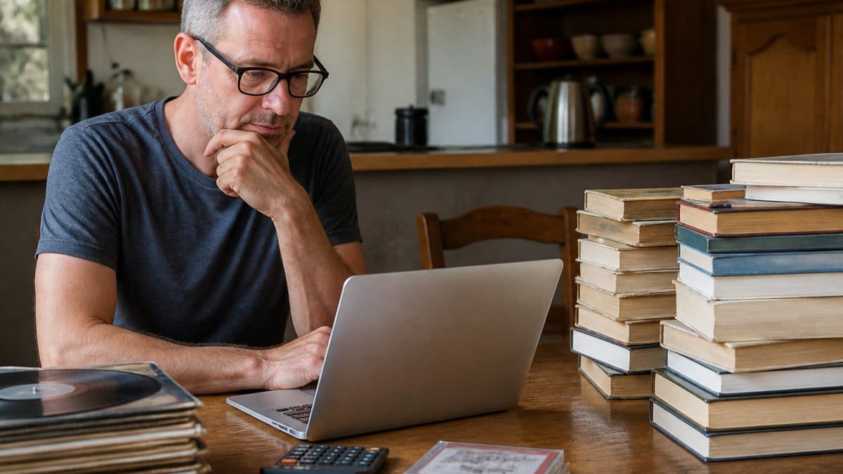 A person at a kitchen table surrounded by stacks of used books, a laptop open to a buyback offer page, and a calculator, looking thoughtfully at the screen