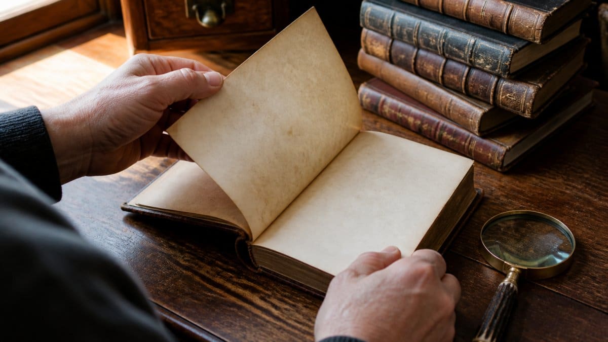 Collector hands carefully turning the page of an antique leather-bound volume in a rare book collection.