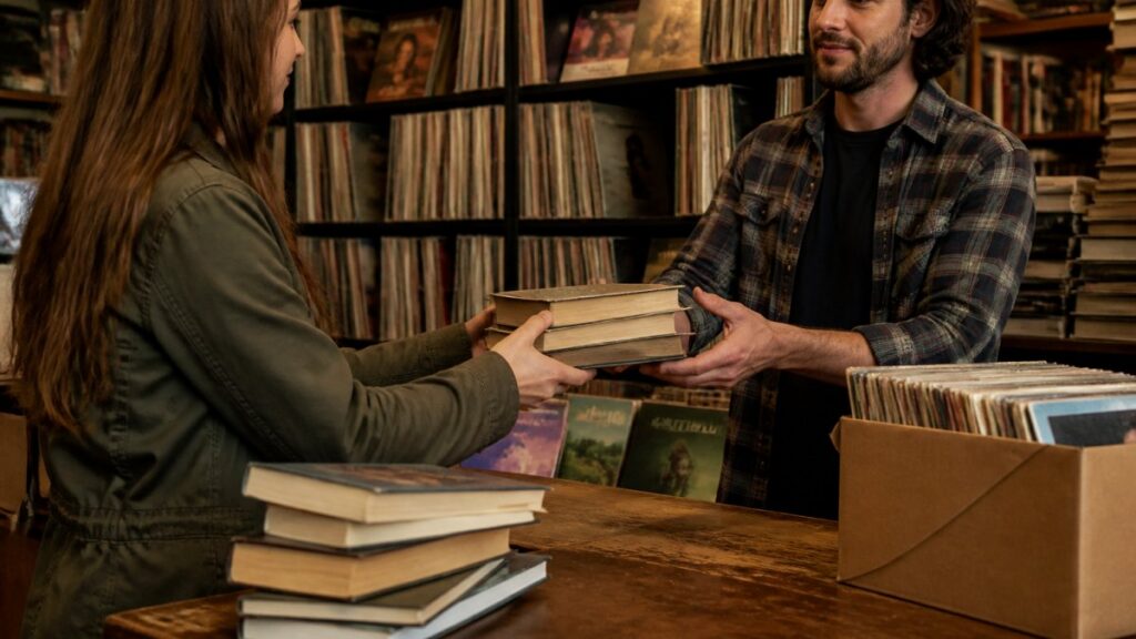 Person exchanging books in a vintage store.