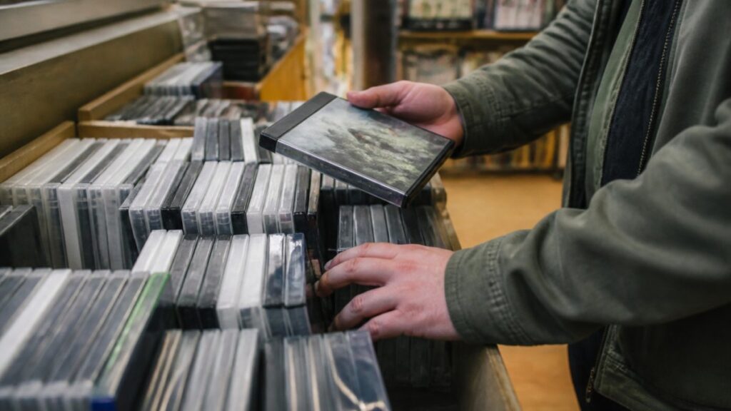 Person selecting a CD from a collection.