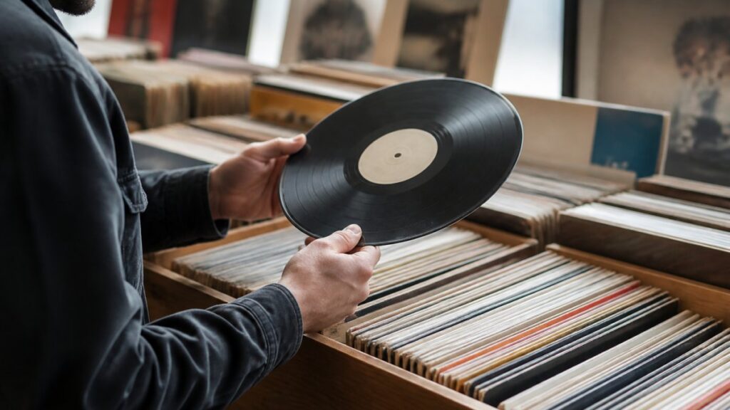 Person holding a vinyl record in store.