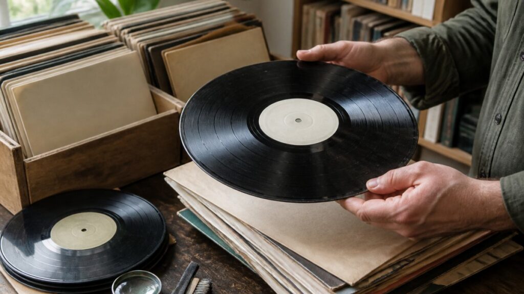 Person holding a vinyl record above a table.