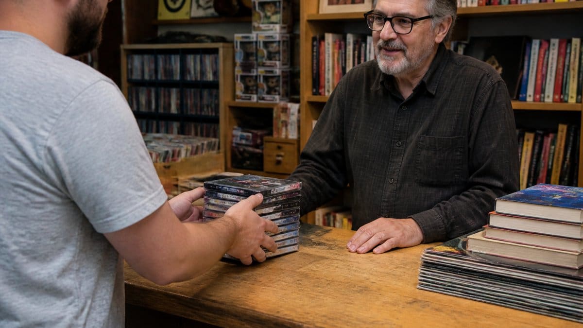 A customer placing a stack of used DVD and Blu-ray cases on a wooden counter at a cozy independent media store, with shelves of records and books visible behind the clerk