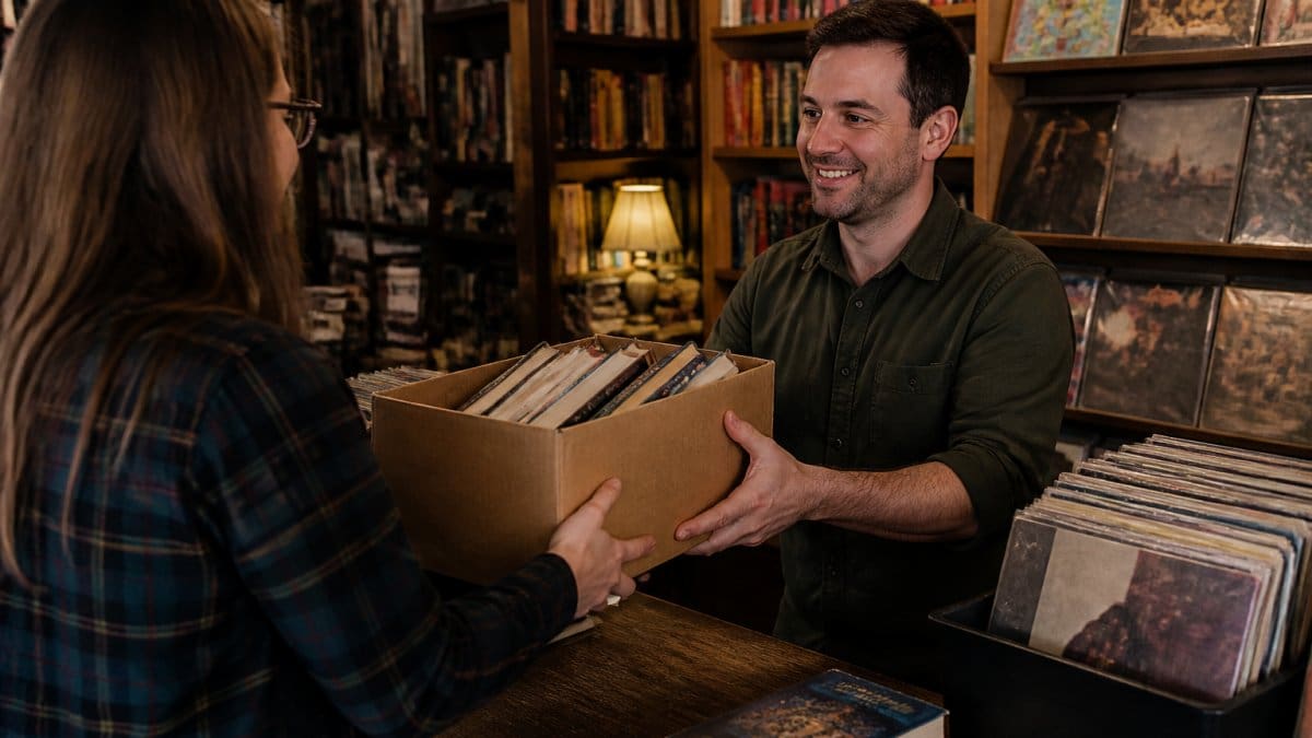 A person handing a cardboard box of used books across a wooden counter to a bookstore clerk, warm shop lighting, shelves of books and vinyl records behind them